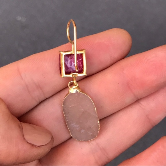 💕HP💕Ruby and Druzy gold plated wire back earrings - Picture 5 of 10